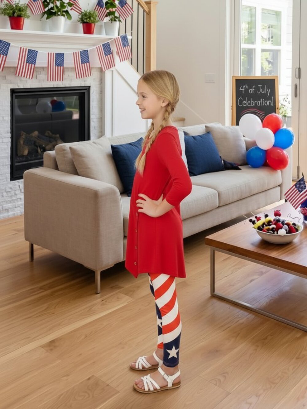 Girls American Flag Leggings NEW Red White Blue 4th of July Pants, Sizes S/L - Picture 3 of 6